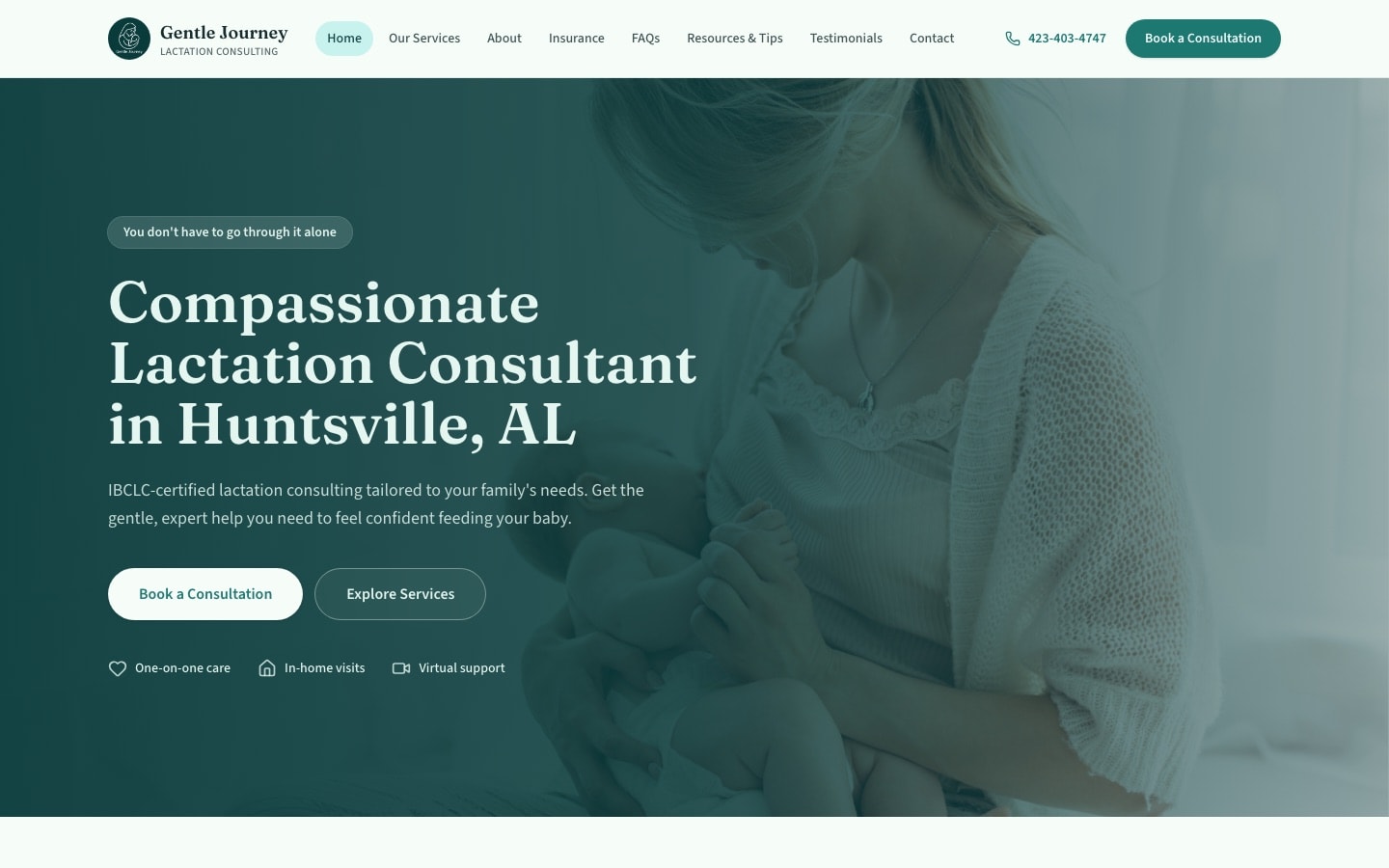 Gentle Journey homepage with compassionate lactation consulting hero and booking CTAs